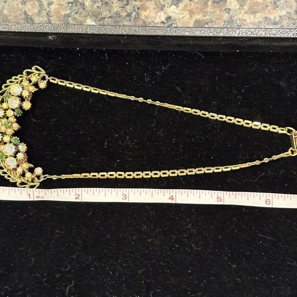 VTG Florenza Emerald Green Aurora Borealis Gold Tone Floral Necklace - Picture 4 of 4